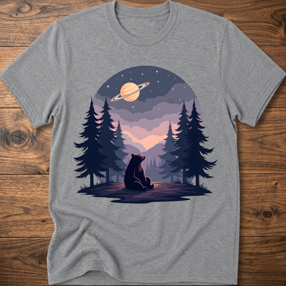 Heather gray t-shirt with night sky bear graphic, ringed planet and pine trees