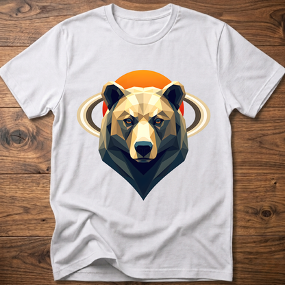 White crew-neck t-shirt with geometric bear and Saturn graphic center print