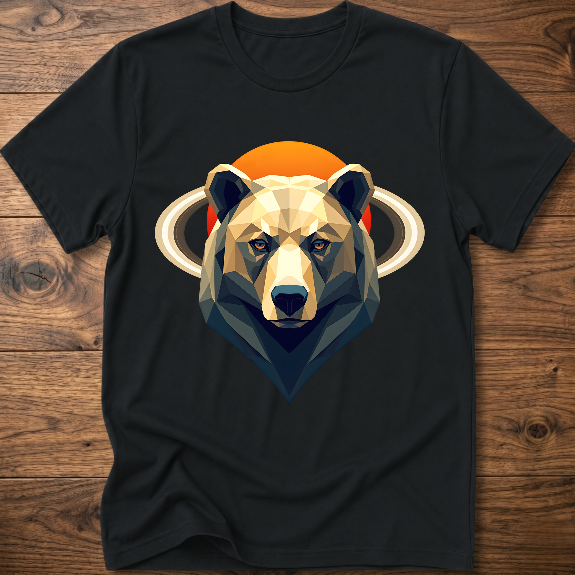 Black crew-neck t-shirt with geometric bear and Saturn graphic center print