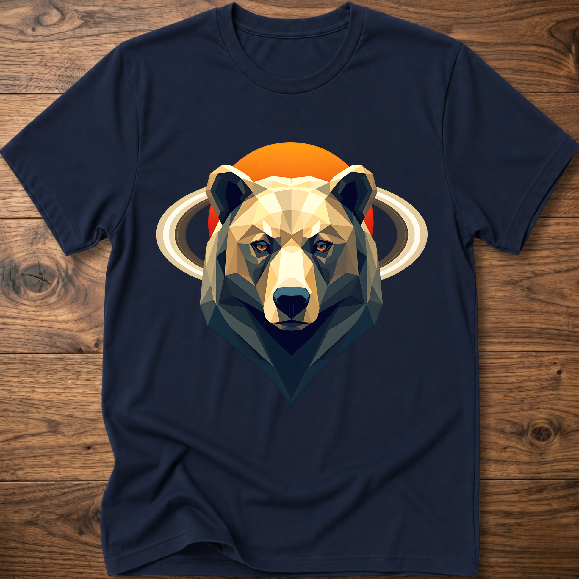 Navy crew-neck t-shirt with geometric bear and Saturn graphic center print