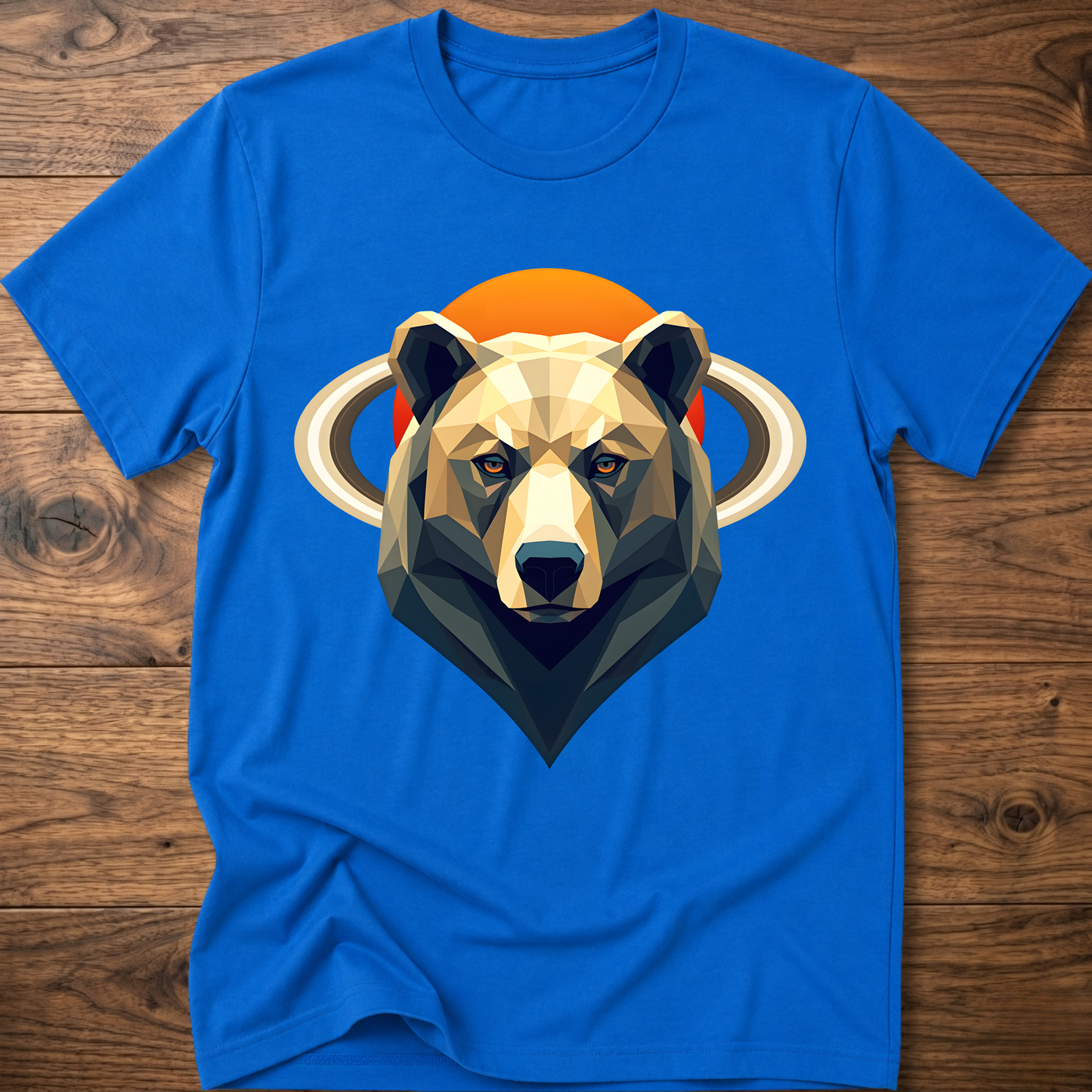 Royal blue crew-neck t-shirt with geometric bear and Saturn graphic center print