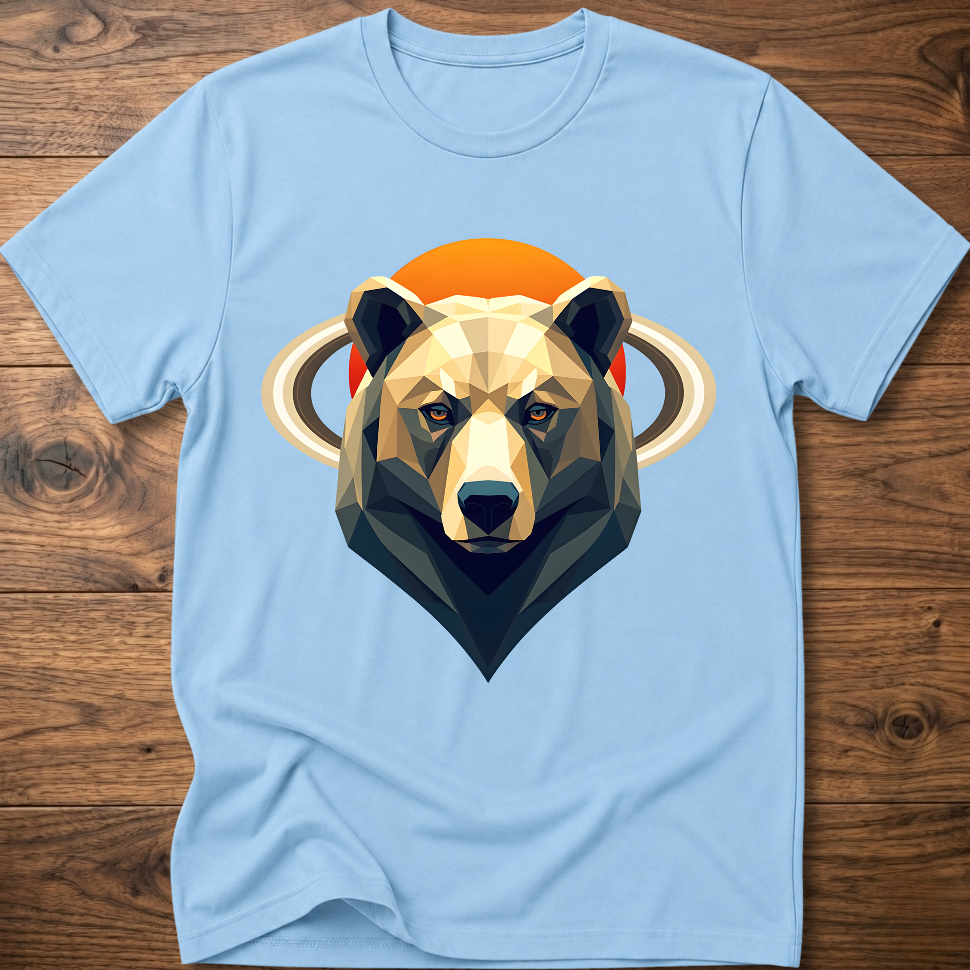 Light blue crew-neck t-shirt with geometric bear and Saturn graphic center print