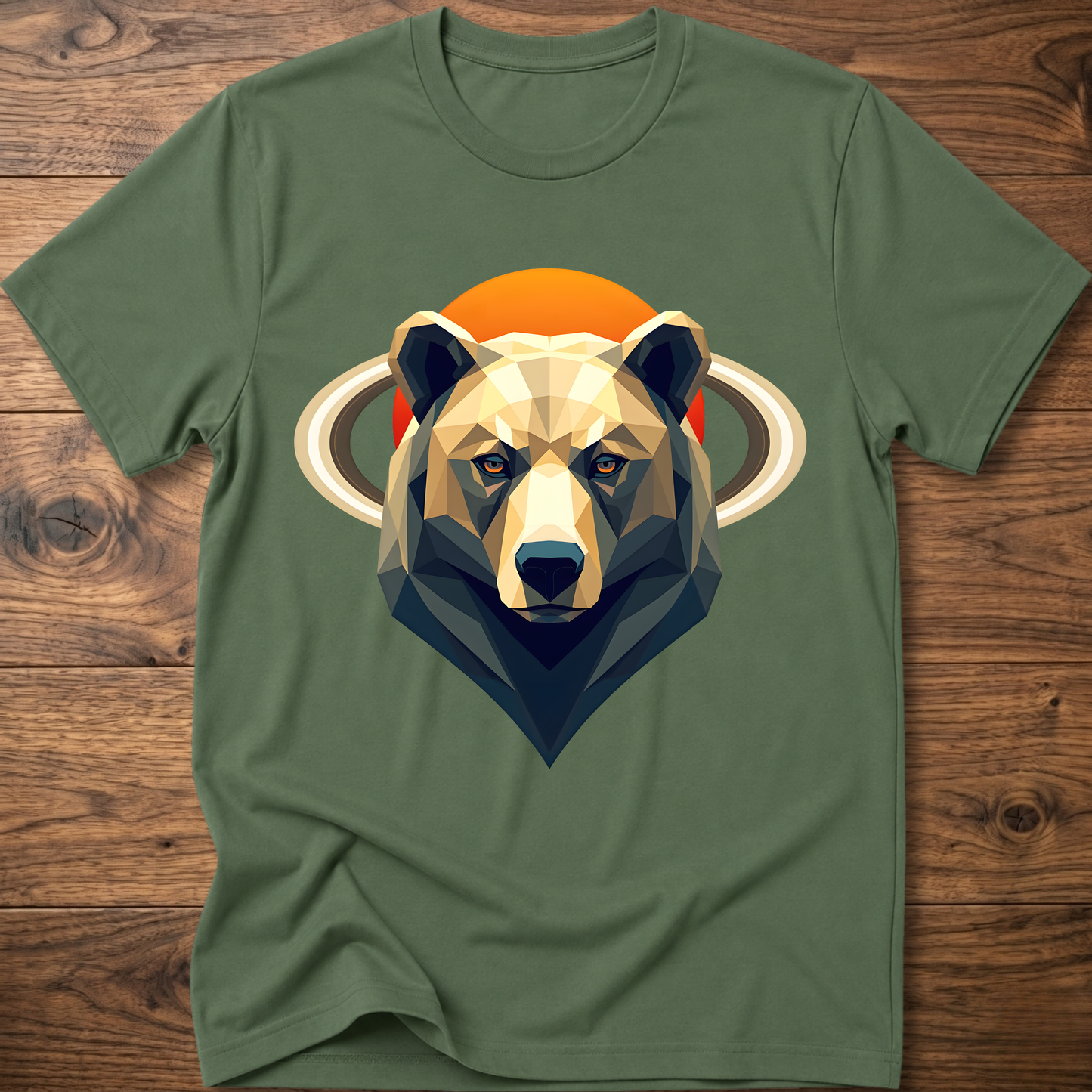 Military green T-shirt with geometric bear and Saturn ring print