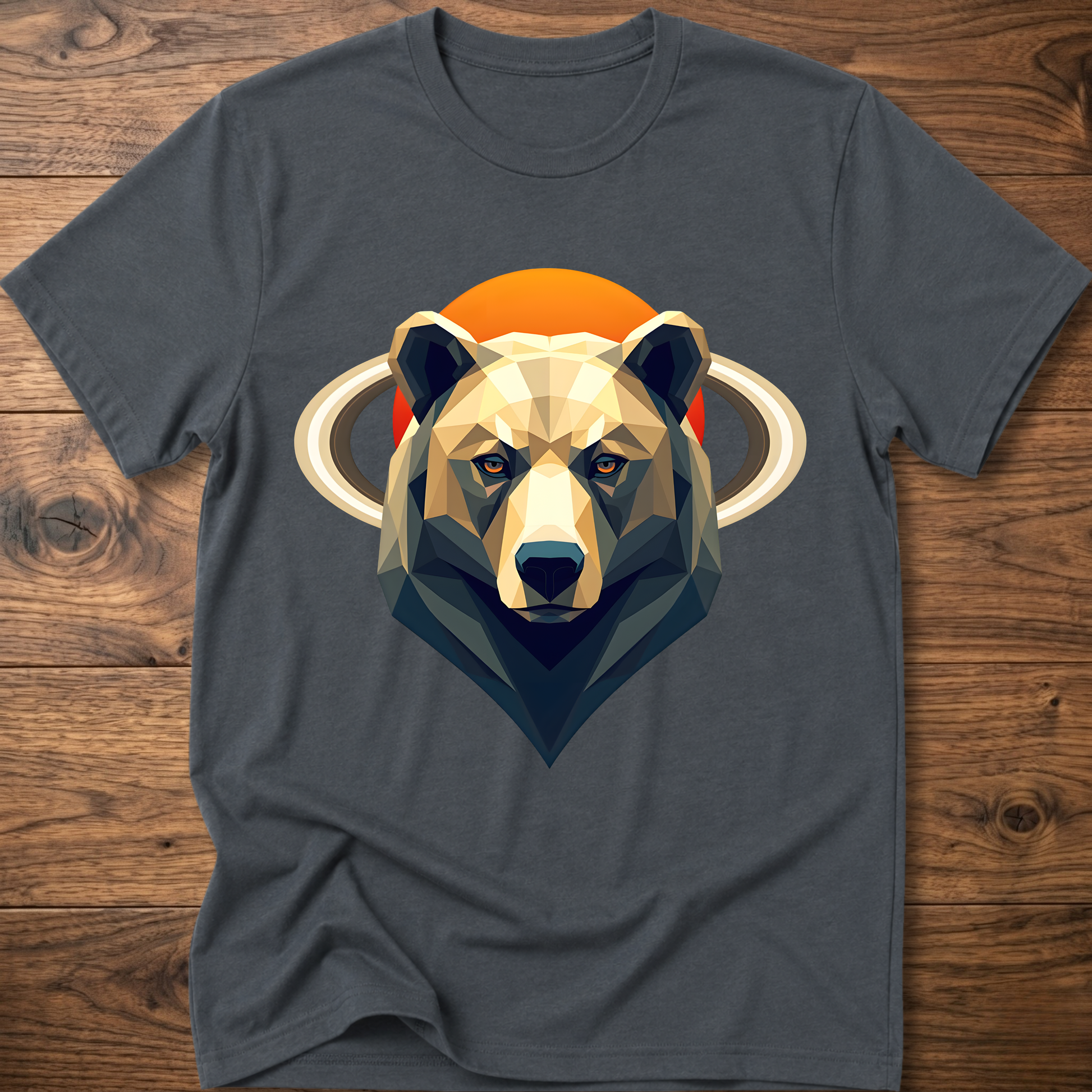 Dark gray crew-neck t-shirt with geometric bear and Saturn graphic center print