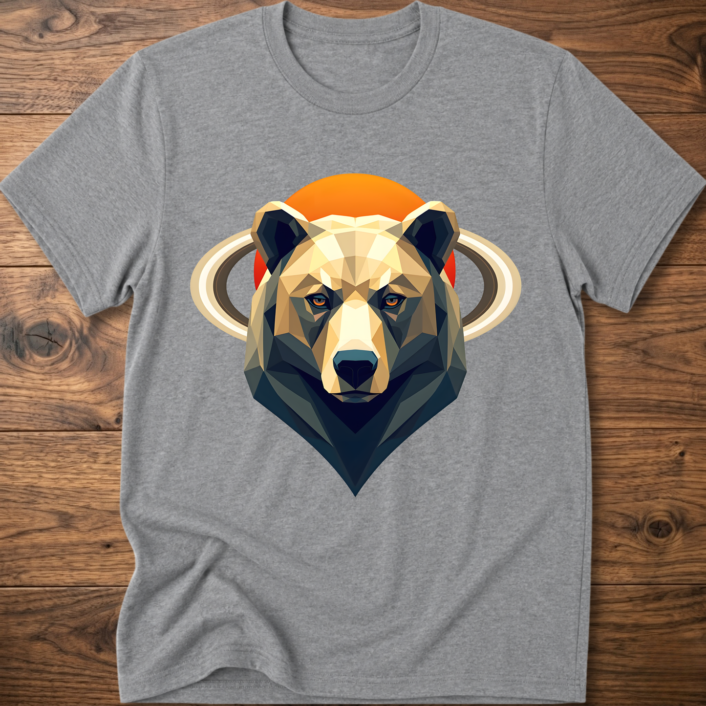 Heather gray crew-neck t-shirt with geometric bear and Saturn graphic center print