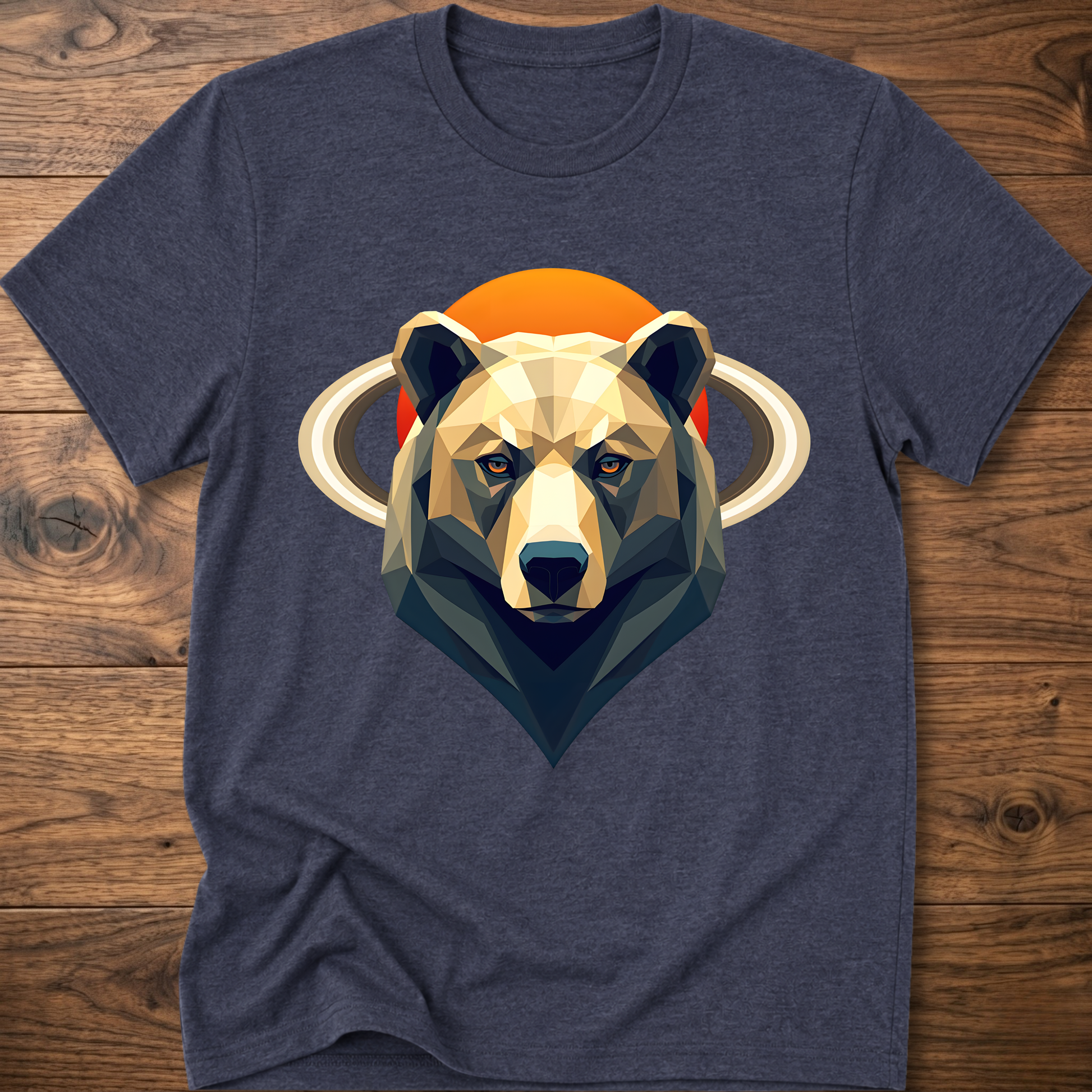 Slate heather crew-neck t-shirt with geometric bear and Saturn graphic center print