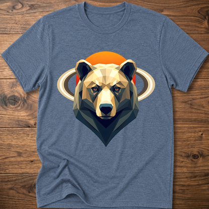 Blue heather crew-neck t-shirt with geometric bear and Saturn graphic center print