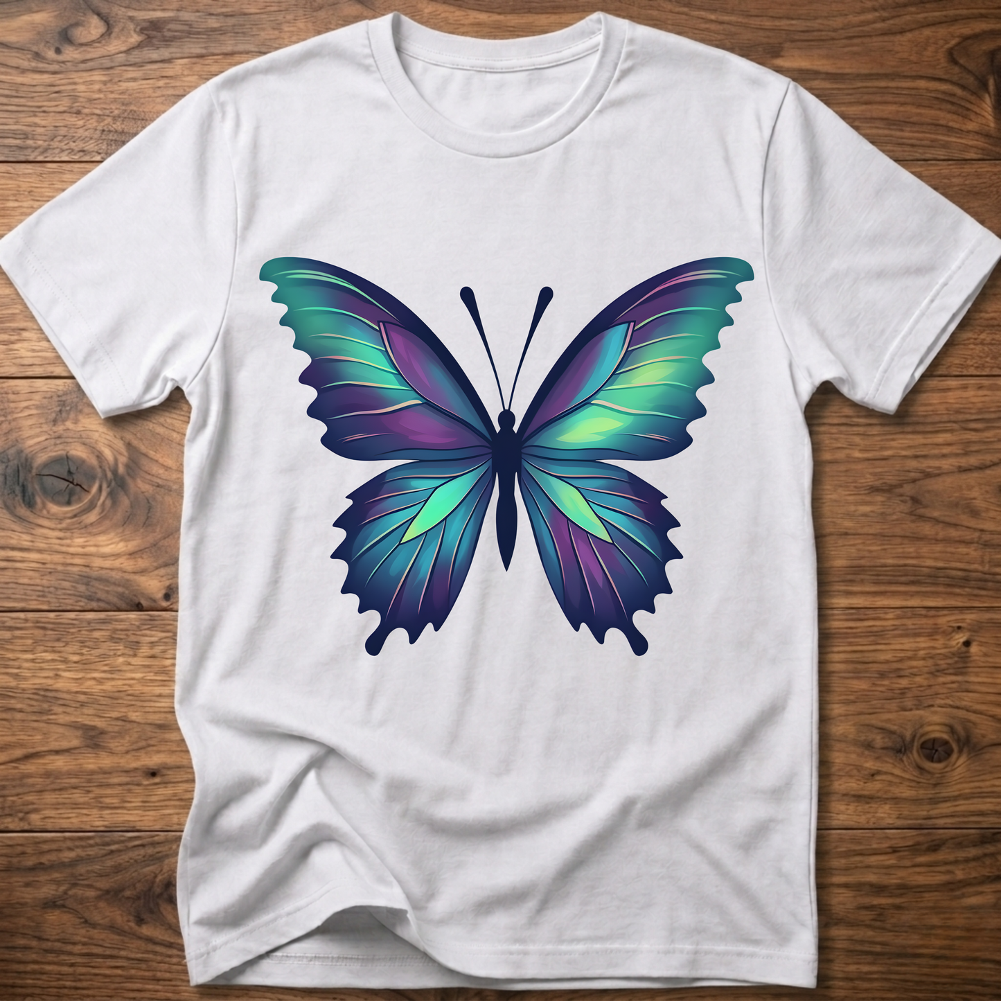 White t-shirt with colorful geometric butterfly graphic on the chest