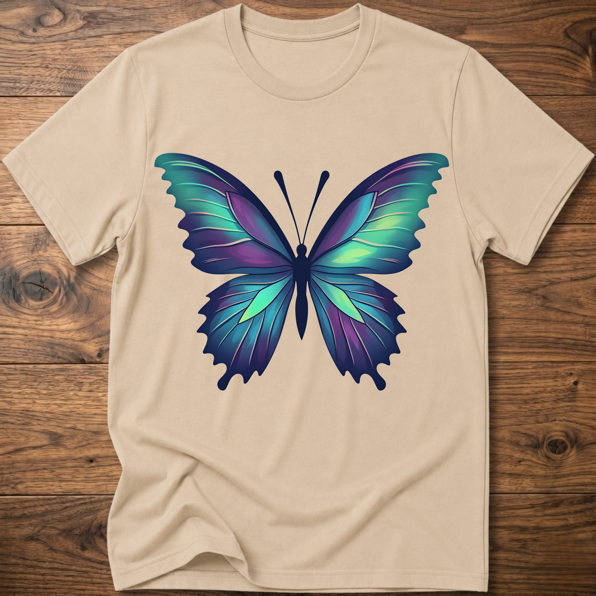 Beige t-shirt with colorful geometric butterfly graphic on the chest