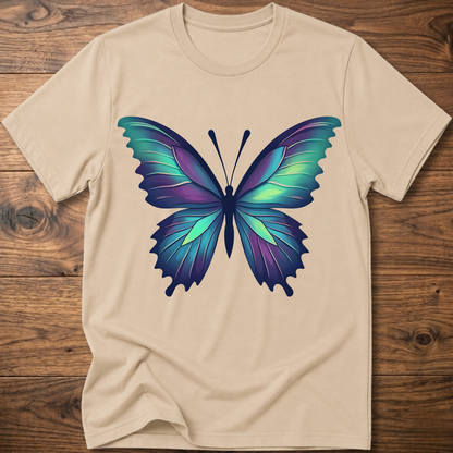 Beige t-shirt with colorful geometric butterfly graphic on the chest