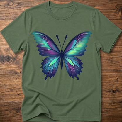 Olive green t-shirt with colorful geometric butterfly graphic on the chest