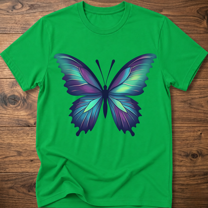 Bright green t-shirt with colorful geometric butterfly graphic on the chest