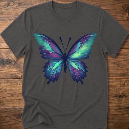 Dark gray t-shirt with colorful geometric butterfly graphic on the chest