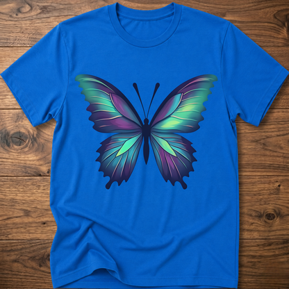 Royal blue t-shirt with colorful geometric butterfly graphic on the chest