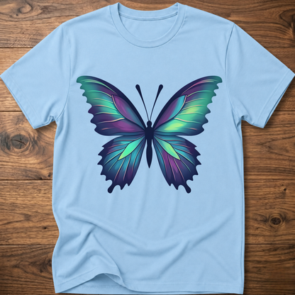 Light blue t-shirt with colorful geometric butterfly graphic on the chest