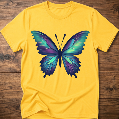 Yellow t-shirt with colorful geometric butterfly graphic on the chest