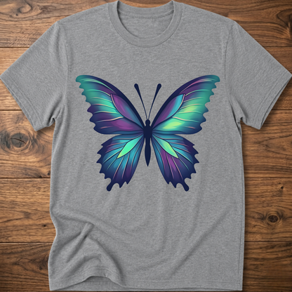 Heather gray t-shirt with colorful geometric butterfly graphic on the chest