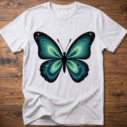 White t-shirt with teal butterfly graphic in navy outline, crew neck.