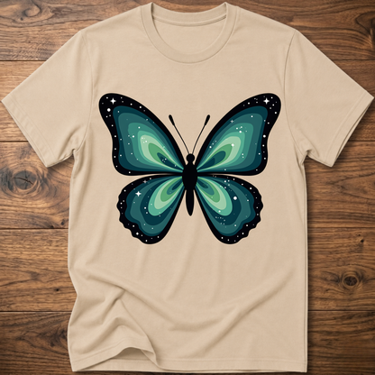 Sand t-shirt with teal butterfly graphic in navy outline, crew neck.