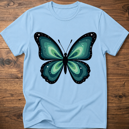 Light blue T-shirt with large teal butterfly graphic on front