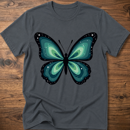 Medium-dark gray t-shirt with teal butterfly graphic in navy outline, crew neck.