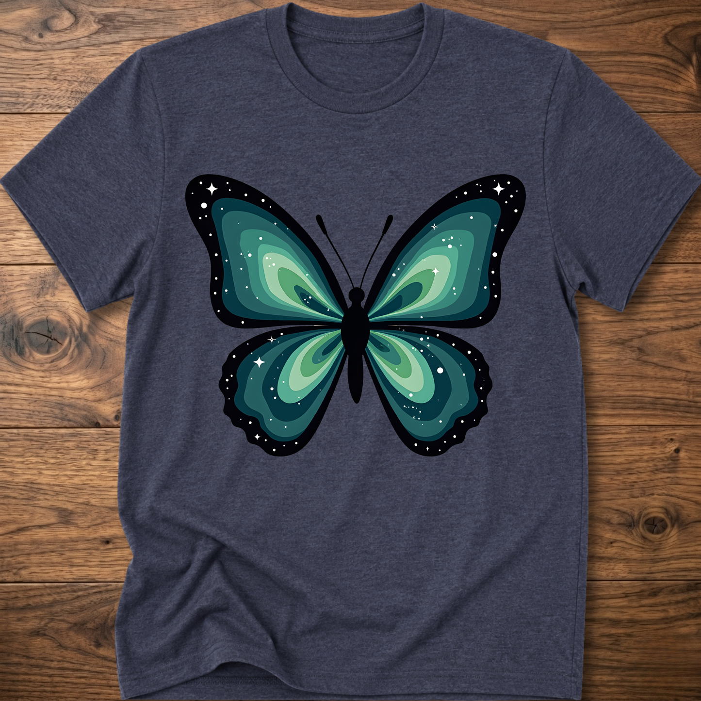 Dark heather t-shirt with teal butterfly graphic in navy outline, crew neck.