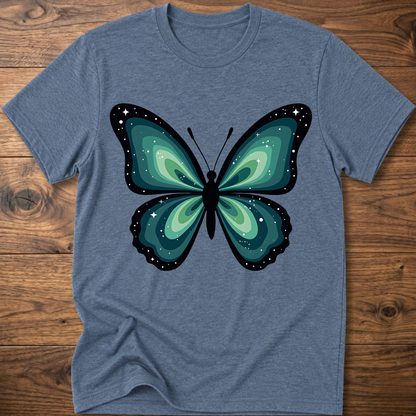 Blue-gray t-shirt with teal butterfly graphic in navy outline, crew neck.