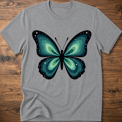 Heather gray t-shirt with teal butterfly graphic in navy outline, crew neck.