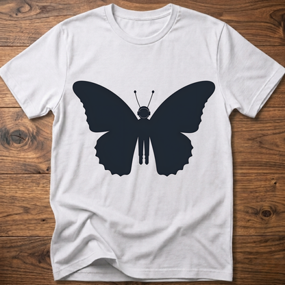 White crewneck T-shirt with dark blue astronaut butterfly graphic on the front