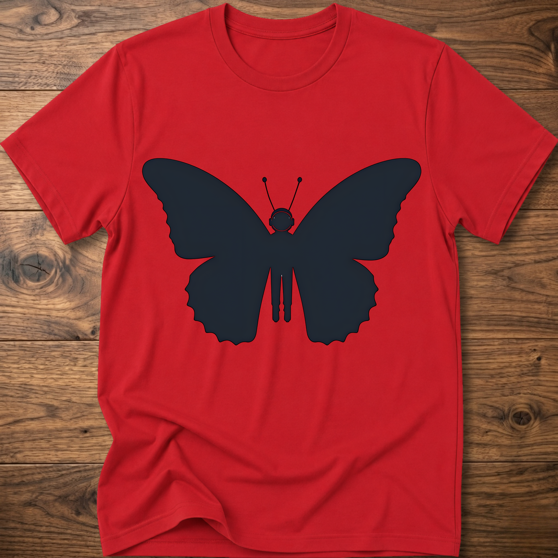 Red crewneck T-shirt with dark blue astronaut butterfly graphic on the front