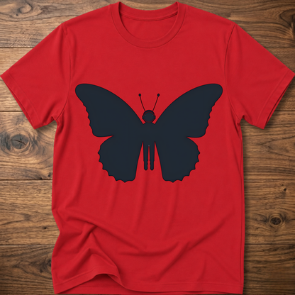 Red crewneck T-shirt with dark blue astronaut butterfly graphic on the front