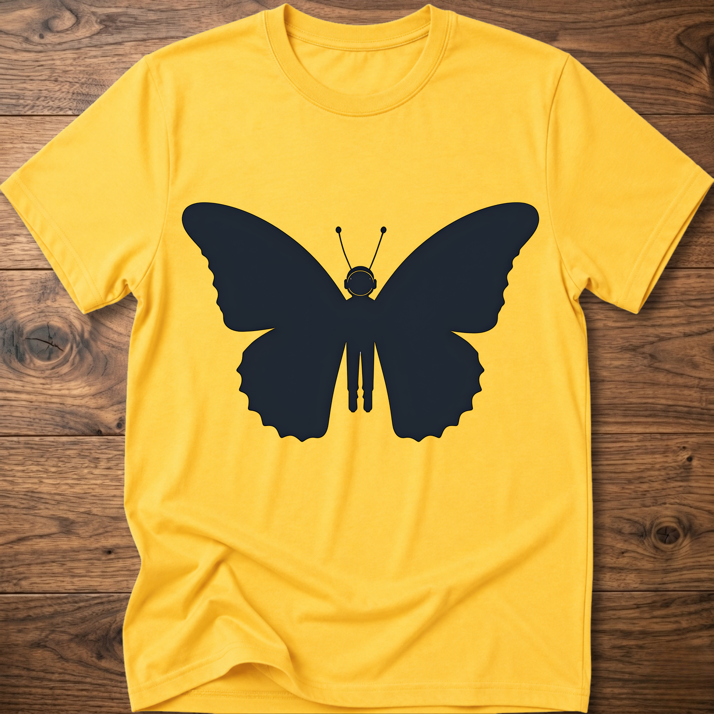 Daisy yellow crewneck T-shirt with dark blue astronaut butterfly graphic on the front