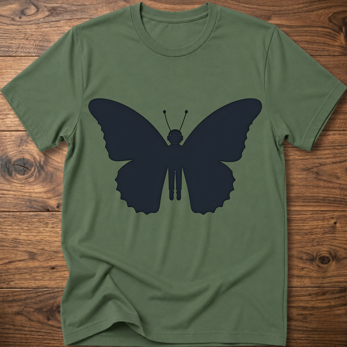 Military green crewneck T-shirt with dark blue astronaut butterfly graphic on the front