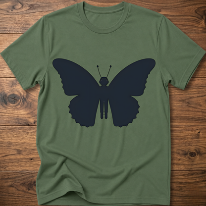 Military green crewneck T-shirt with dark blue astronaut butterfly graphic on the front
