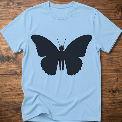Light blue crewneck T-shirt with dark blue astronaut butterfly graphic on the front