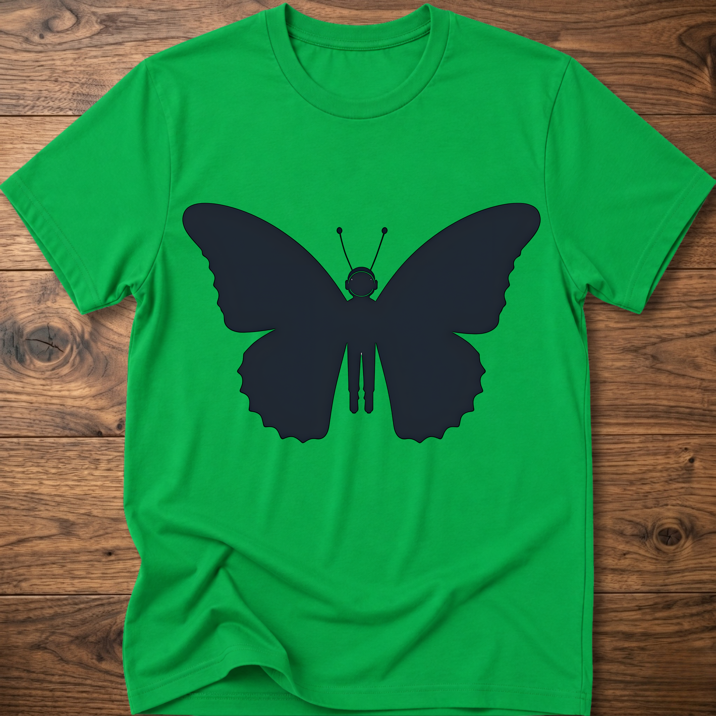 Irish green crewneck T-shirt with dark blue astronaut butterfly graphic on the front
