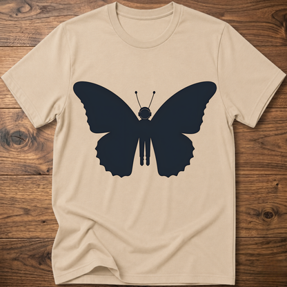 Sand crewneck T-shirt with dark blue astronaut butterfly graphic on the front