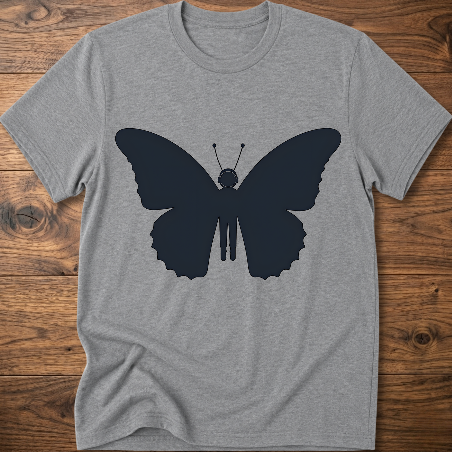 Sport grey crewneck T-shirt with dark blue astronaut butterfly graphic on the front