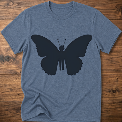 Heather blue crewneck T-shirt with dark blue astronaut butterfly graphic on the front