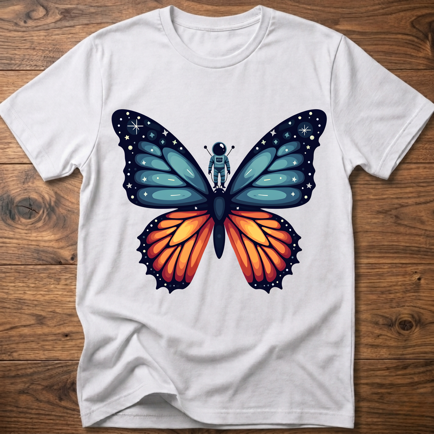 White crew-neck t-shirt with blue-and-orange butterfly astronaut graphic