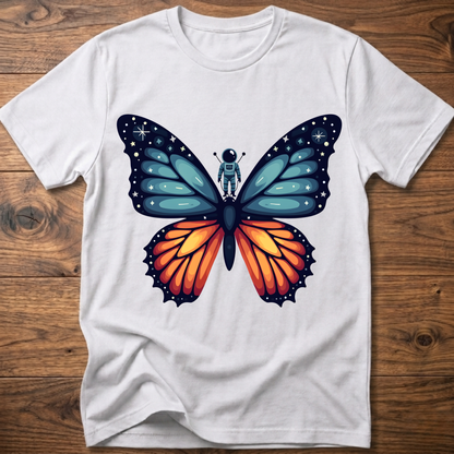 White crew-neck t-shirt with blue-and-orange butterfly astronaut graphic