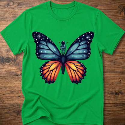 Green crew-neck t-shirt with blue-and-orange butterfly astronaut graphic