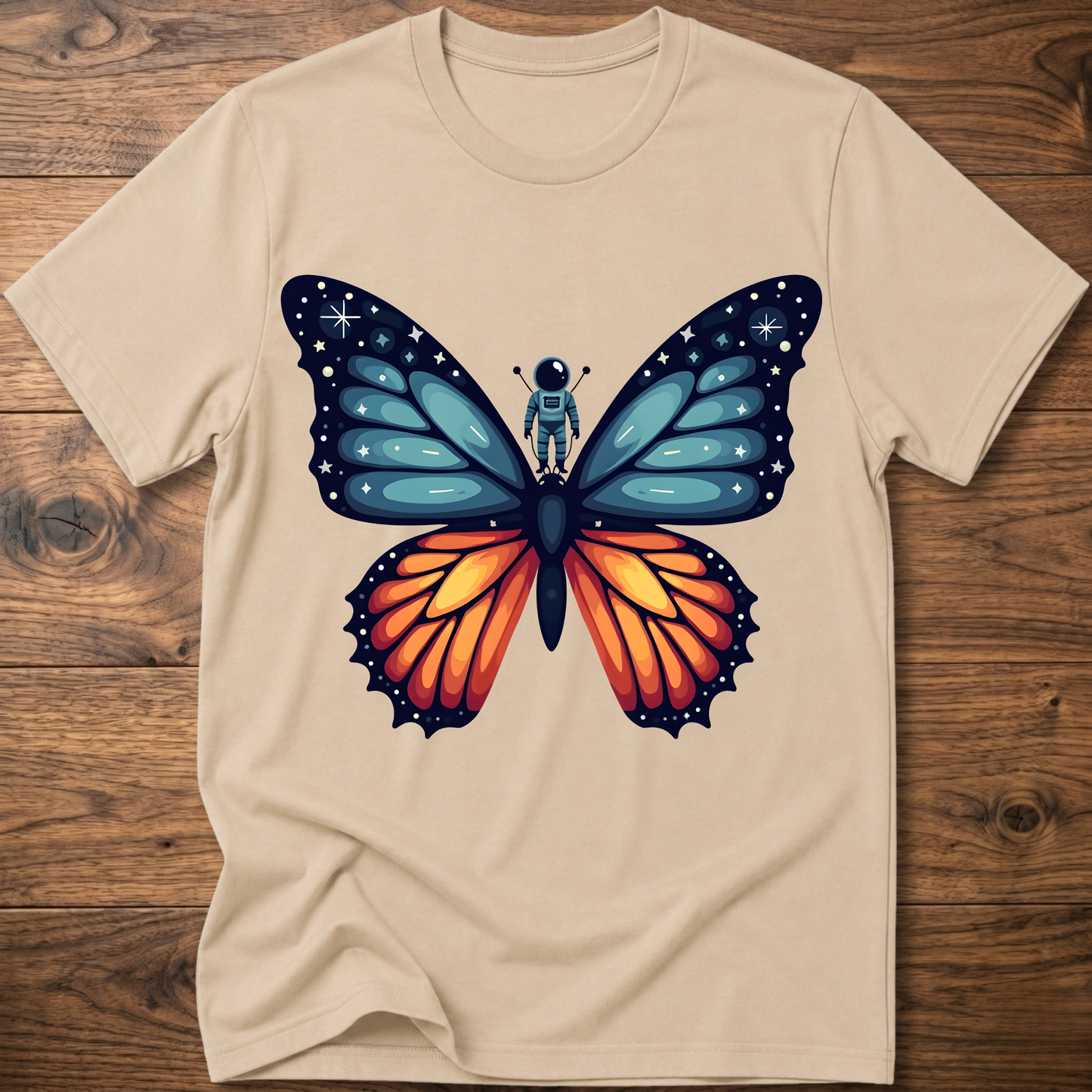 Sand beige crew-neck t-shirt with blue-and-orange butterfly astronaut graphic