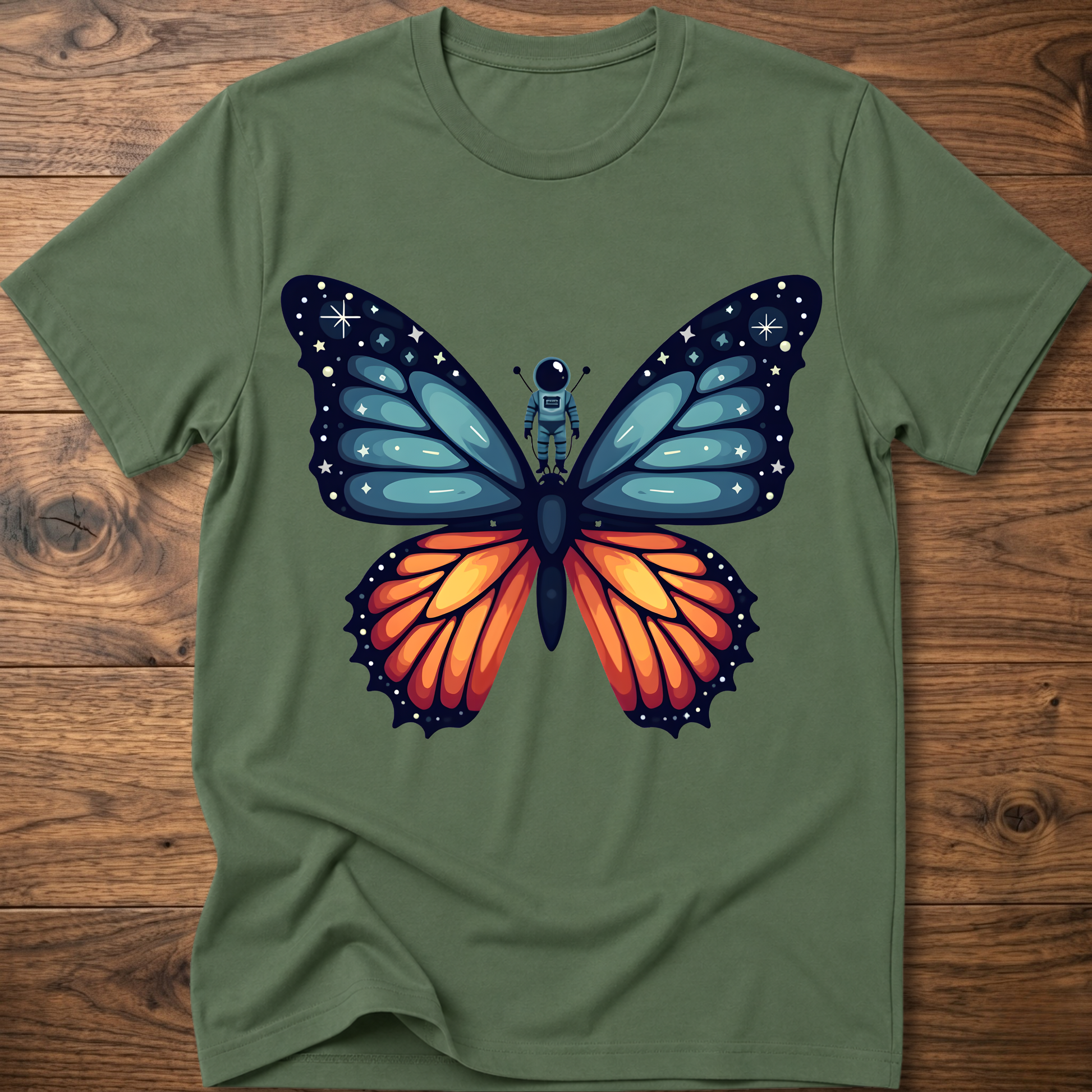 Military green crew-neck t-shirt with blue-and-orange butterfly astronaut graphic