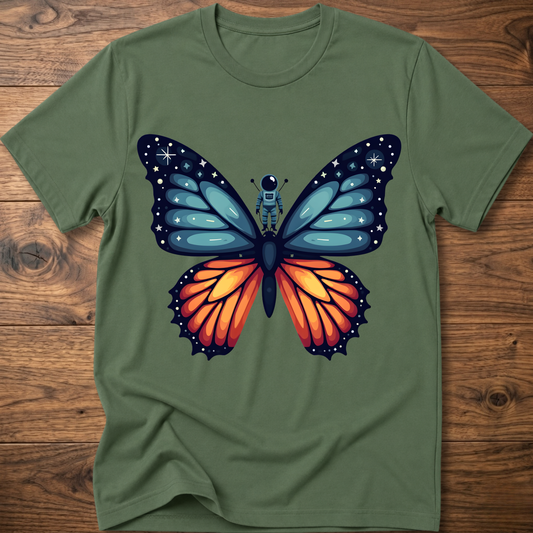 Military green crew-neck t-shirt with blue-and-orange butterfly astronaut graphic
