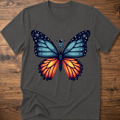 Charcoal gray crew-neck t-shirt with blue-and-orange butterfly astronaut graphic