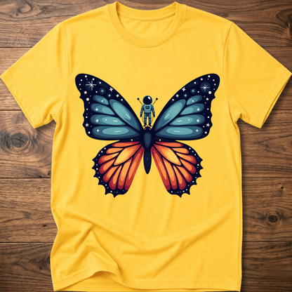 Yellow crew-neck t-shirt with blue-and-orange butterfly astronaut graphic