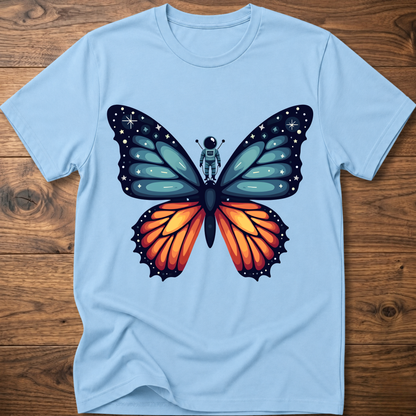 Light blue crew-neck t-shirt with blue-and-orange butterfly astronaut graphic
