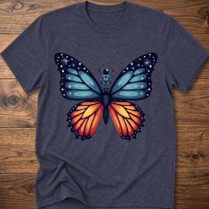 Heather navy crew-neck t-shirt with blue-and-orange butterfly astronaut graphic