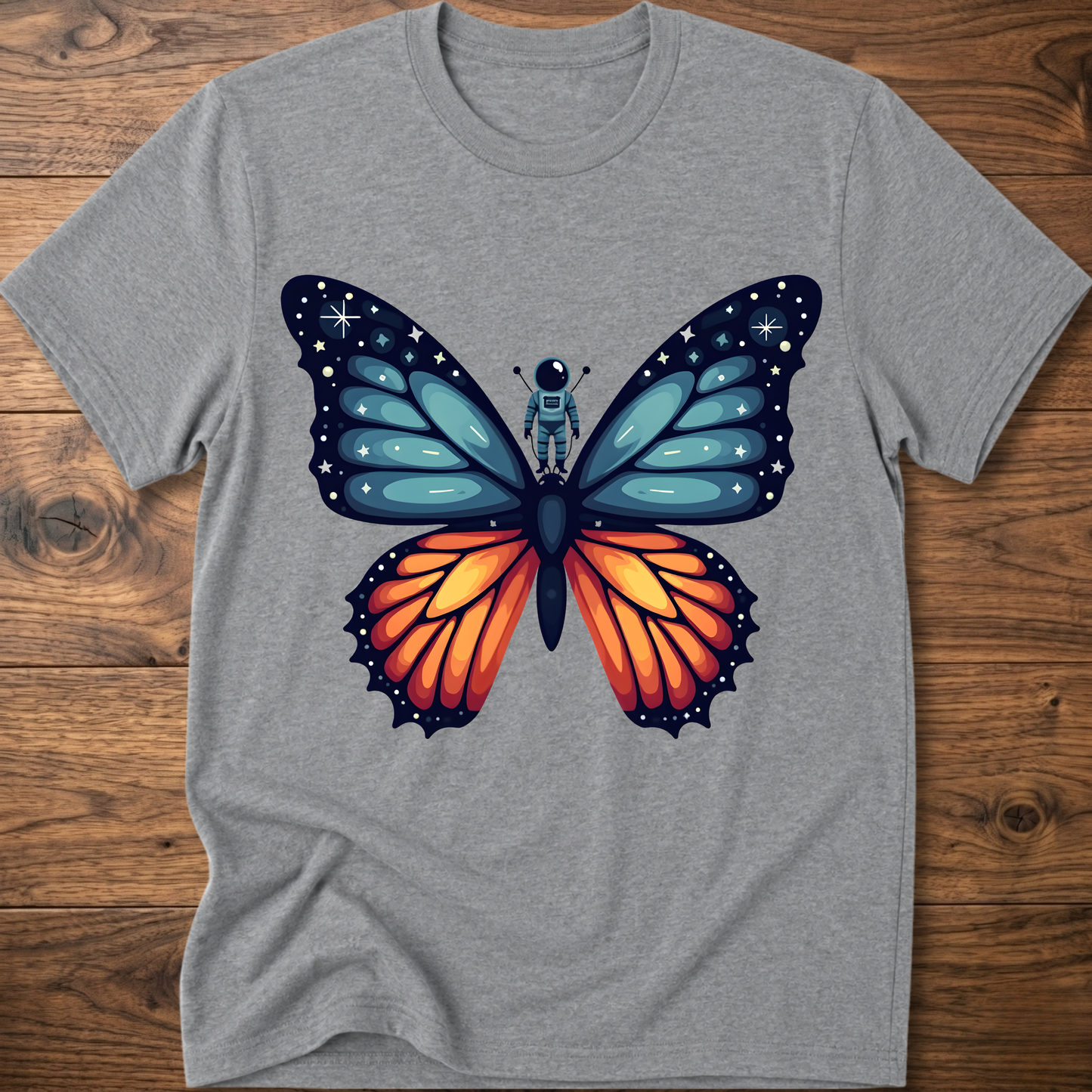 Heather gray crew-neck t-shirt with blue-and-orange butterfly astronaut graphic